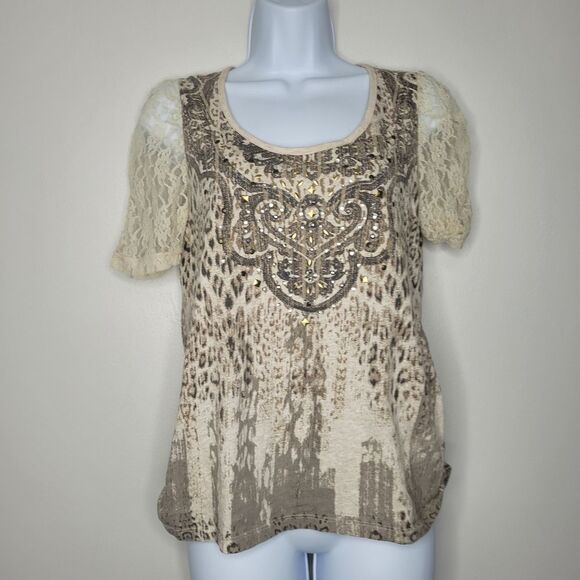 Vintage y2k brown lace sleeve studded mixed  media animal print grunge top med p - Picture 1 of 6